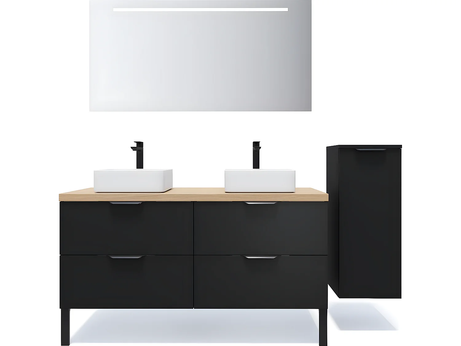 Meuble de salle de bain suspendu 2 vasques à poser 140cm 4 tiroirs Noir + miroir + colonne ouverture droite - Soho