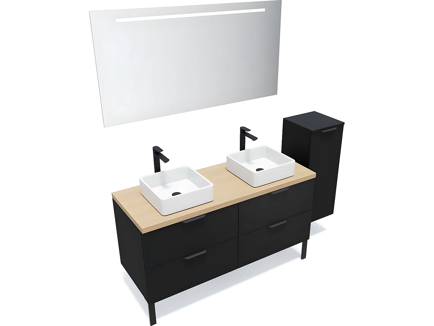 Meuble de salle de bain suspendu 2 vasques à poser 140cm 4 tiroirs Noir + miroir + colonne ouverture droite - Soho
