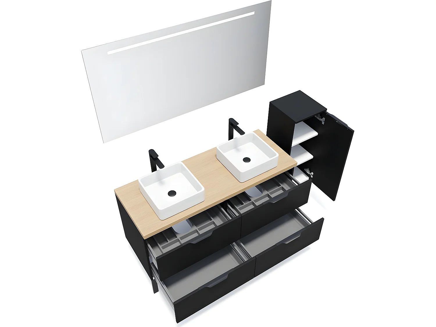 Meuble de salle de bain suspendu 2 vasques à poser 140cm 4 tiroirs Noir + miroir + colonne ouverture droite - Soho