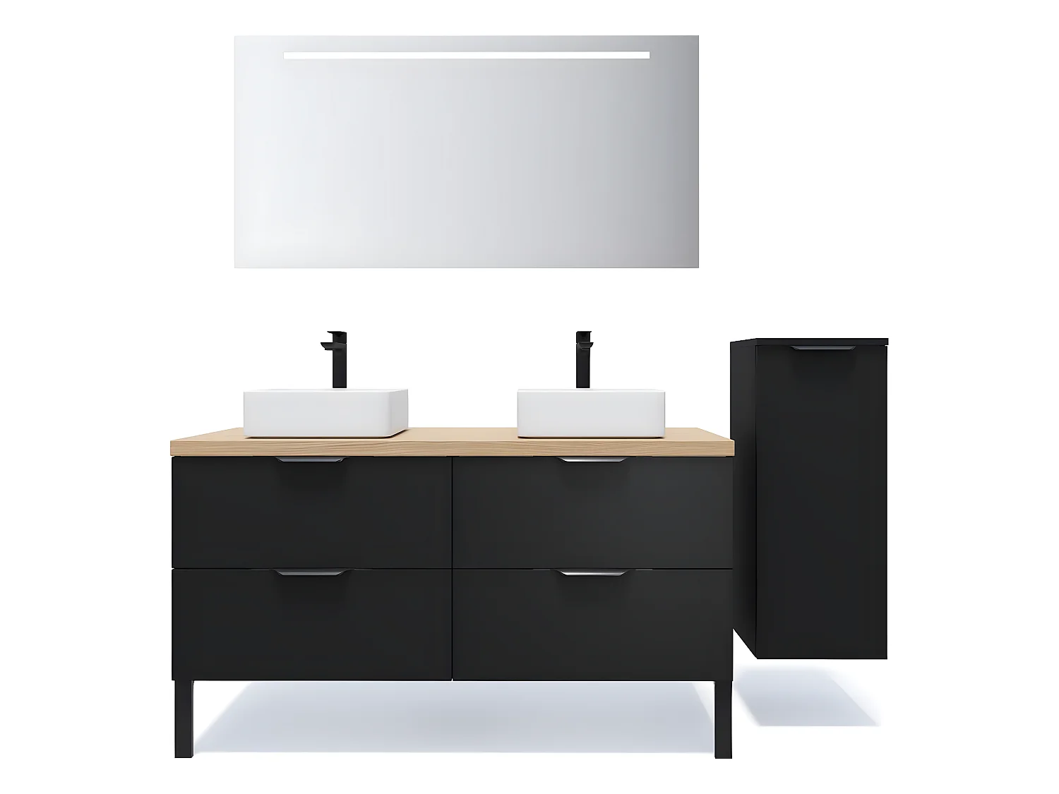 Meuble de salle de bain suspendu 2 vasques à poser 140cm 4 tiroirs Noir + miroir + colonne ouverture droite - Soho