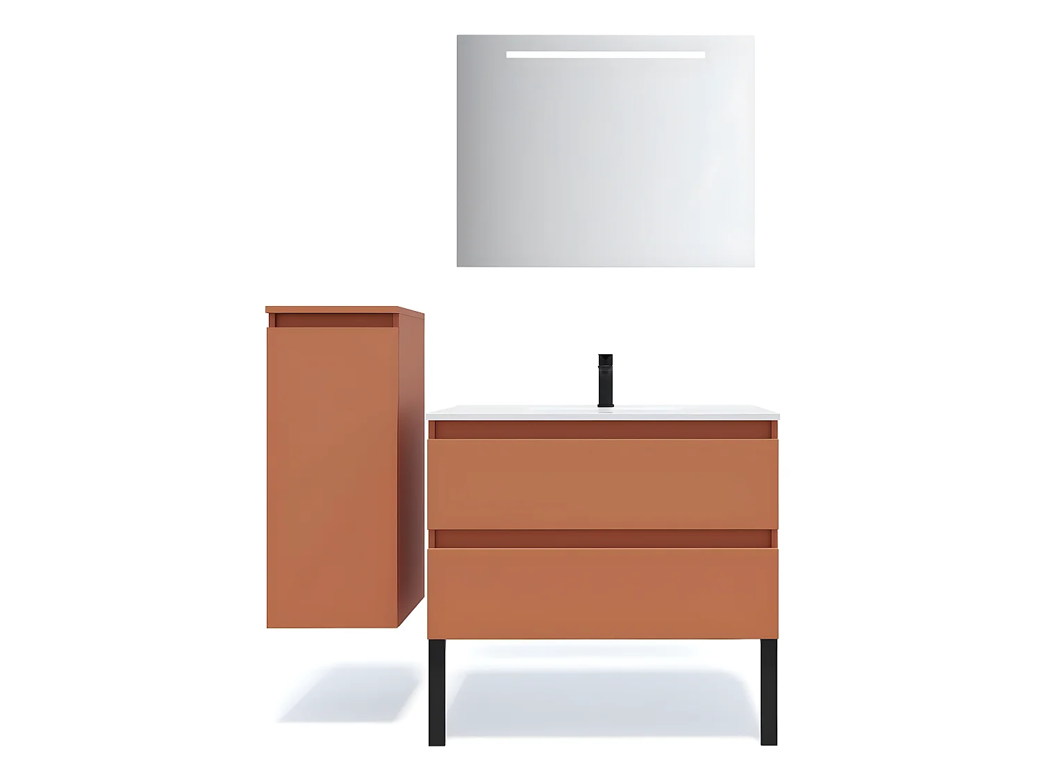 Meuble de salle de bain suspendu vasque intégrée 90cm 2 tiroirs Terracotta + miroir + colonne ouverture gauche - Hudson