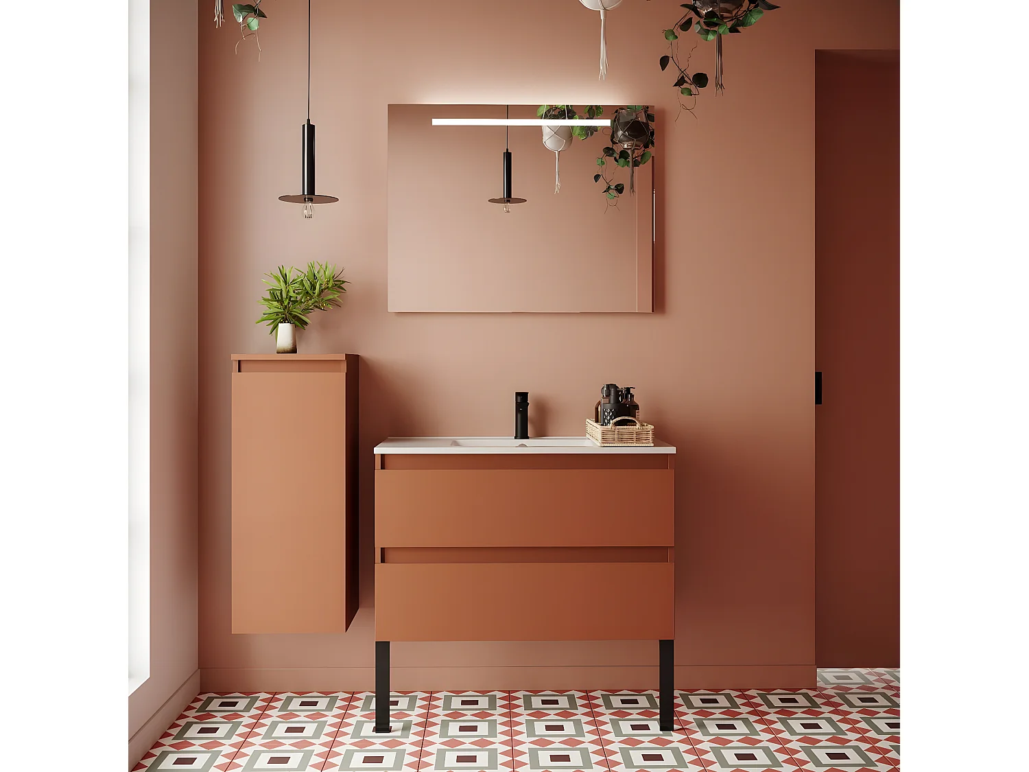 Meuble de salle de bain suspendu vasque intégrée 90cm 2 tiroirs Terracotta + miroir + colonne ouverture gauche - Hudson