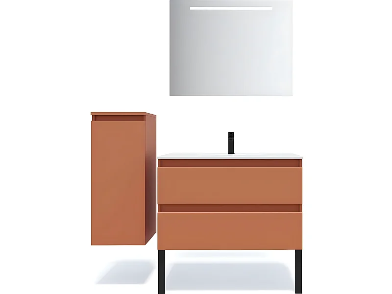 Meuble de salle de bain suspendu vasque intégrée 90cm 2 tiroirs Terracotta + miroir + colonne ouverture gauche - Hudson