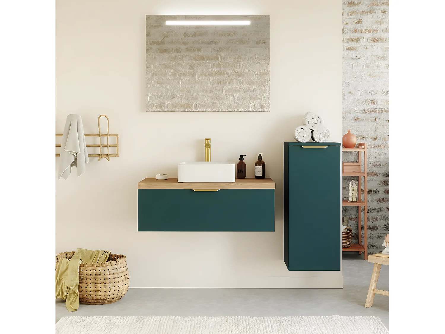 Meuble de salle de bain suspendu vasque à poser 90cm 1 tiroir Bleu + miroir + colonne ouverture droite - Venice