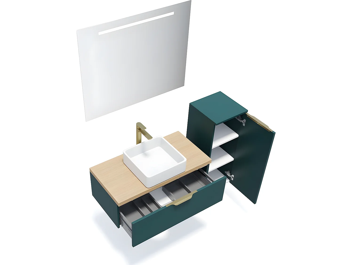 Meuble de salle de bain suspendu vasque à poser 90cm 1 tiroir Bleu + miroir + colonne ouverture droite - Venice