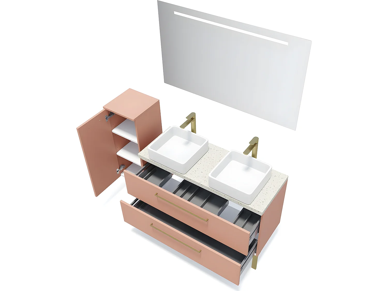 Meuble de salle de bain suspendu 2 vasques à poser 120cm 2 tiroirs Abricot + miroir + colonne ouverture gauche - Glasgow