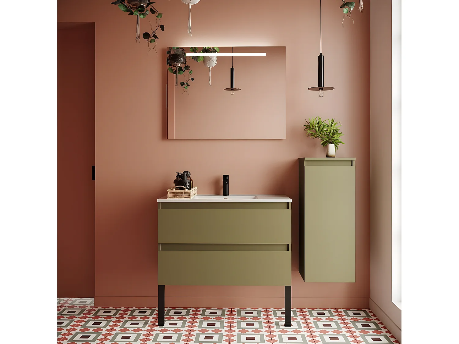 Meuble de salle de bain suspendu vasque intégrée 90cm 2 tiroirs Vert olive + miroir + colonne ouverture droite - Hudson