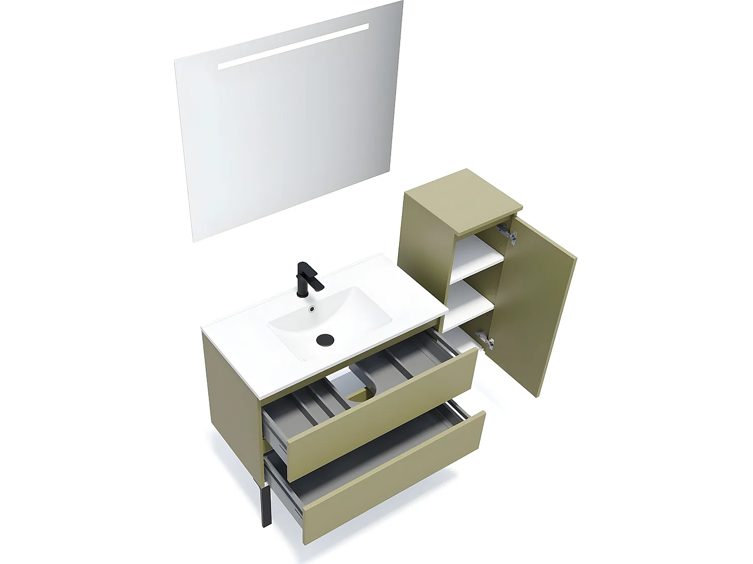 Meuble de salle de bain suspendu vasque intégrée 90cm 2 tiroirs Vert olive + miroir + colonne ouverture droite - Hudson