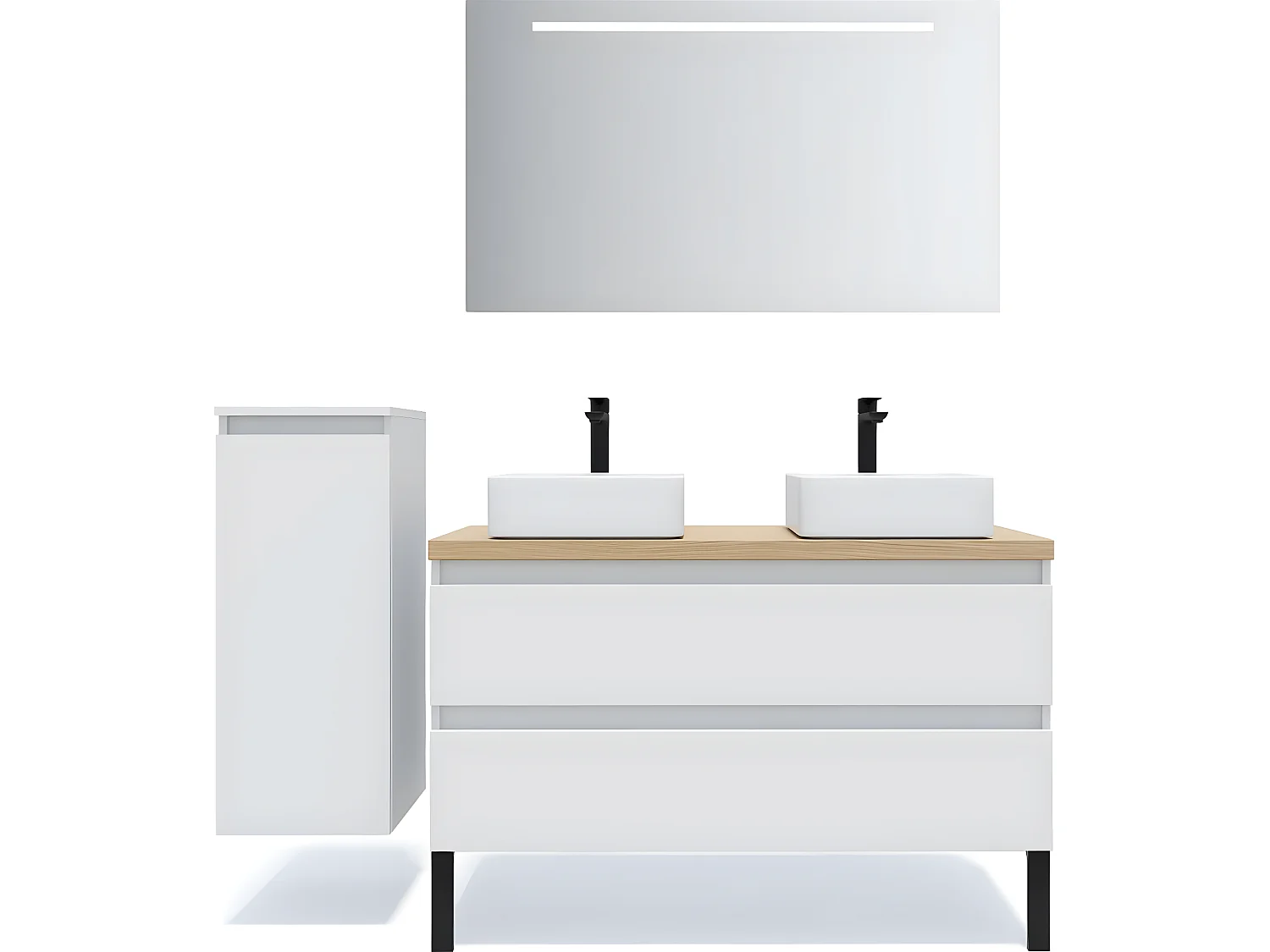 Meuble de salle de bain suspendu 2 vasques à poser 120cm 2 tiroirs Blanc + miroir + colonne ouverture gauche - Hudson