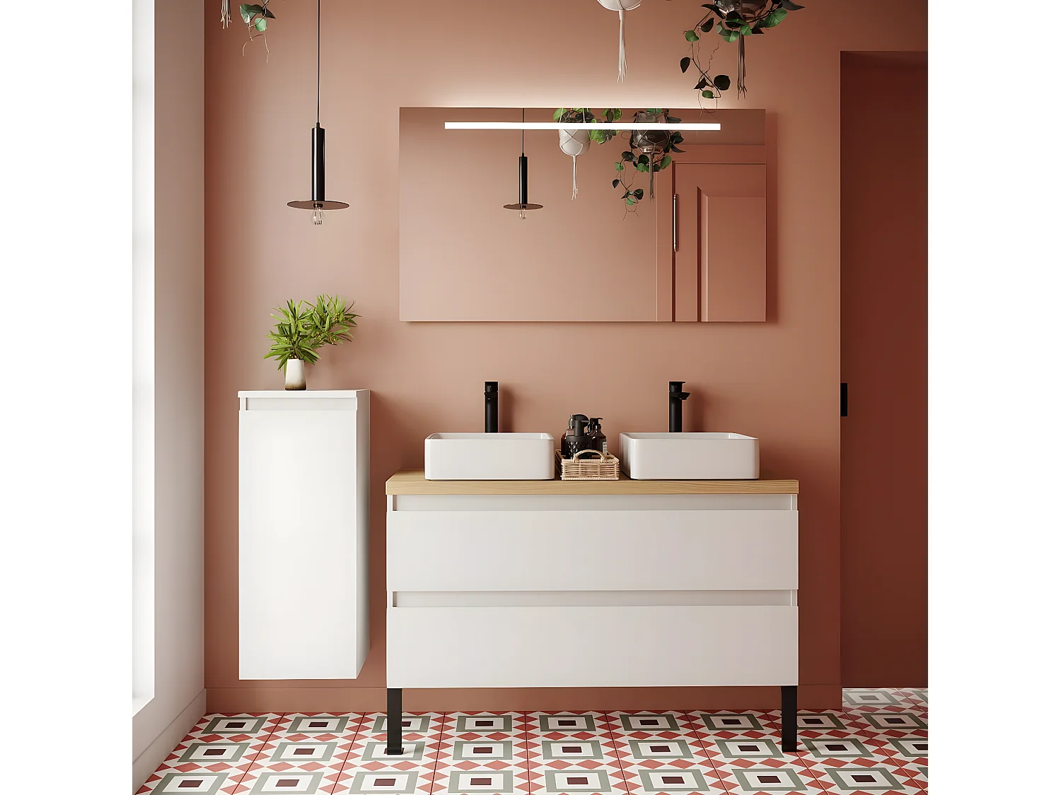 Meuble de salle de bain suspendu 2 vasques à poser 120cm 2 tiroirs Blanc + miroir + colonne ouverture gauche - Hudson