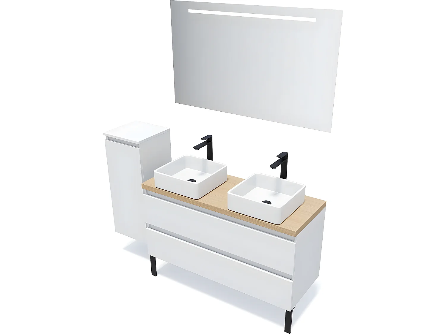Meuble de salle de bain suspendu 2 vasques à poser 120cm 2 tiroirs Blanc + miroir + colonne ouverture gauche - Hudson