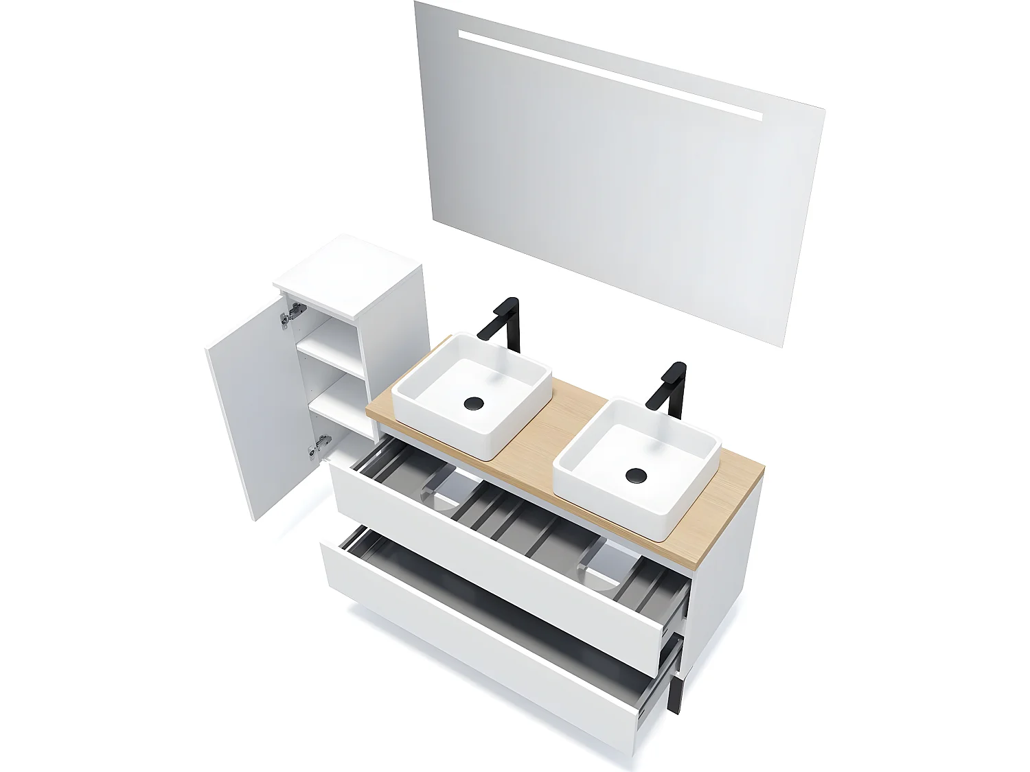 Meuble de salle de bain suspendu 2 vasques à poser 120cm 2 tiroirs Blanc + miroir + colonne ouverture gauche - Hudson