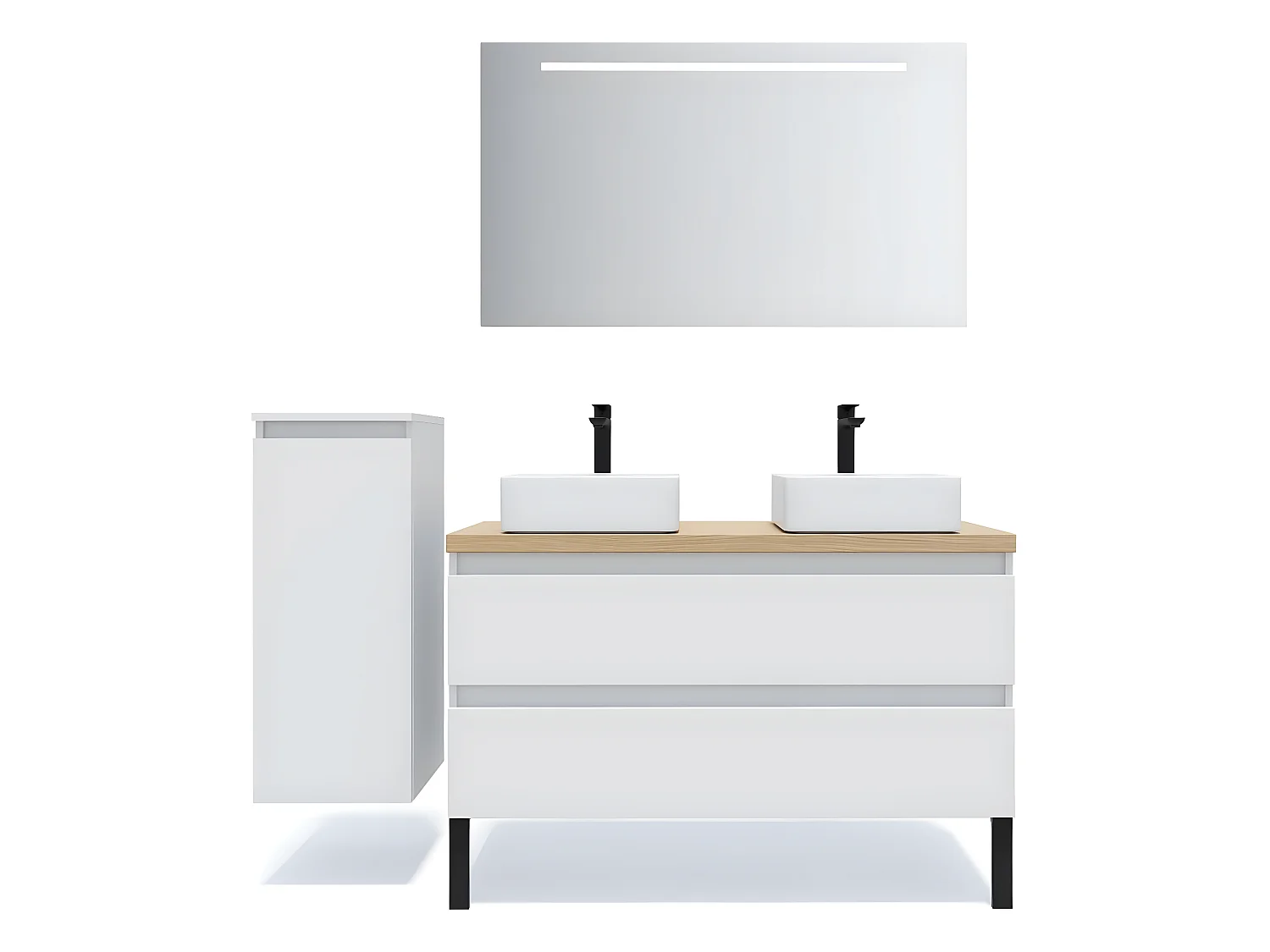 Meuble de salle de bain suspendu 2 vasques à poser 120cm 2 tiroirs Blanc + miroir + colonne ouverture gauche - Hudson