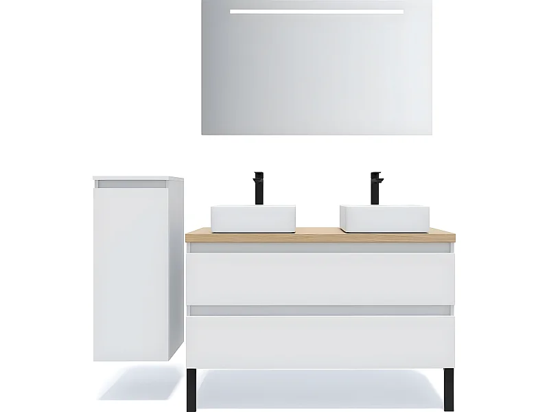 Meuble de salle de bain suspendu 2 vasques à poser 120cm 2 tiroirs Blanc + miroir + colonne ouverture gauche - Hudson