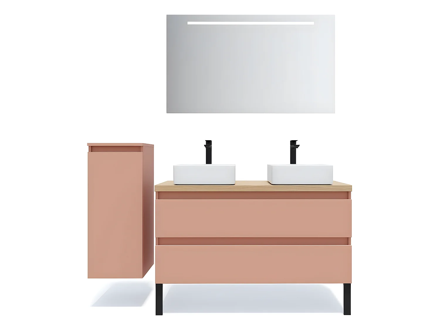 Meuble de salle de bain suspendu 2 vasques à poser 120cm 2 tiroirs Abricot + miroir + colonne ouverture gauche - Hudson