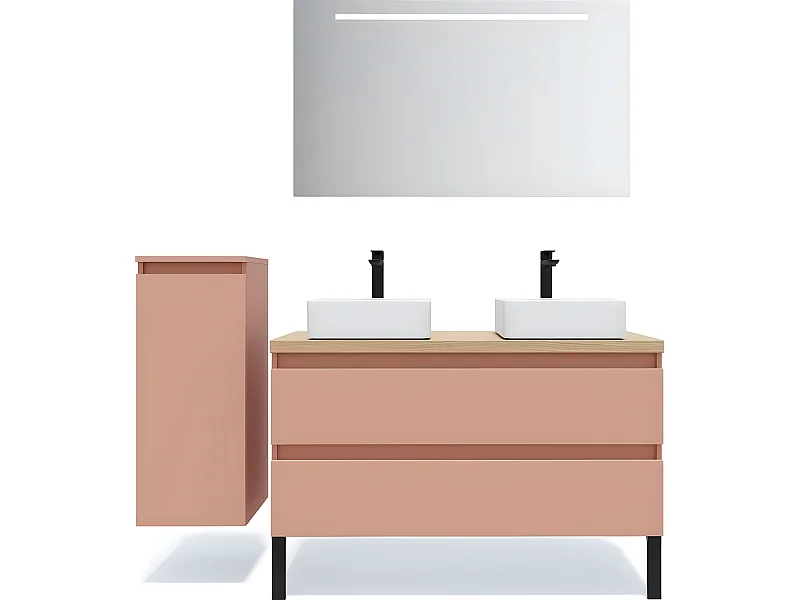 Meuble de salle de bain suspendu 2 vasques à poser 120cm 2 tiroirs Abricot + miroir + colonne ouverture gauche - Hudson