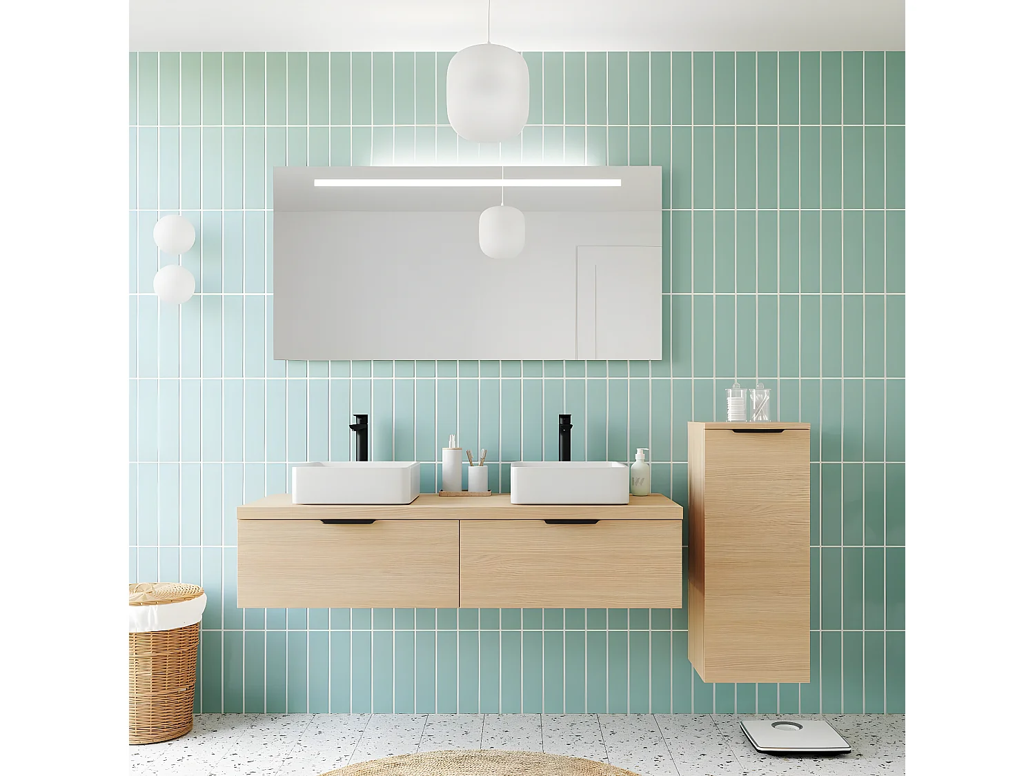 Meuble de salle de bain suspendu 2 vasques à poser 140cm 2 tiroirs Chêne clair + miroir + colonne ouverture droite - Soho