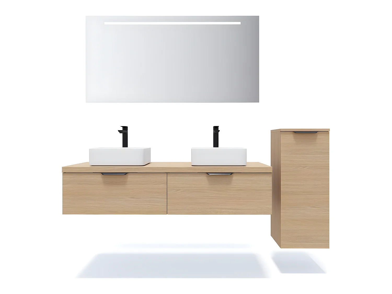 Meuble de salle de bain suspendu 2 vasques à poser 140cm 2 tiroirs Chêne clair + miroir + colonne ouverture droite - Soho