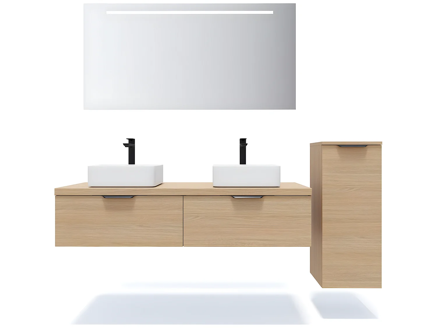 Meuble de salle de bain suspendu 2 vasques à poser 140cm 2 tiroirs Chêne clair + miroir + colonne ouverture droite - Soho