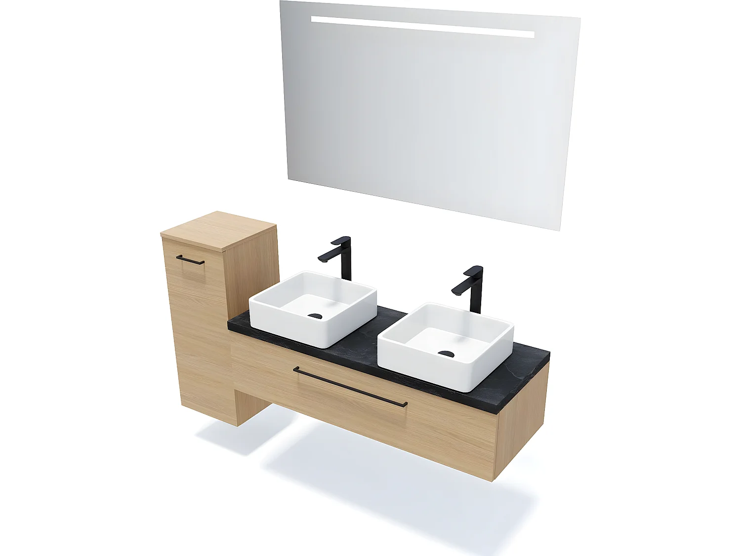 Meuble de salle de bain suspendu 2 vasques à poser 120cm 1 tiroir Chêne clair + miroir + colonne ouverture gauche - Glasgow