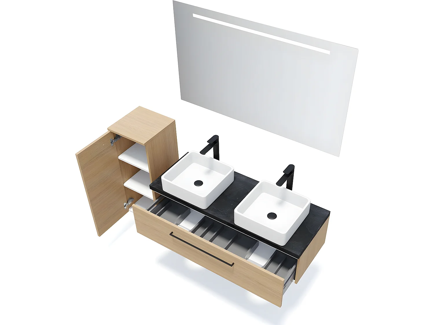 Meuble de salle de bain suspendu 2 vasques à poser 120cm 1 tiroir Chêne clair + miroir + colonne ouverture gauche - Glasgow