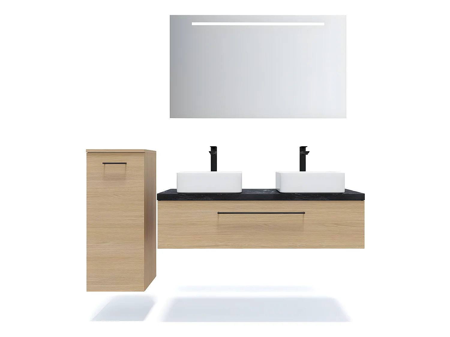Meuble de salle de bain suspendu 2 vasques à poser 120cm 1 tiroir Chêne clair + miroir + colonne ouverture gauche - Glasgow