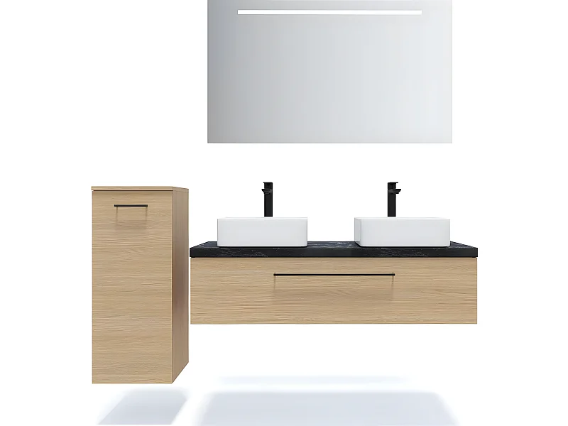Meuble de salle de bain suspendu 2 vasques à poser 120cm 1 tiroir Chêne clair + miroir + colonne ouverture gauche - Glasgow