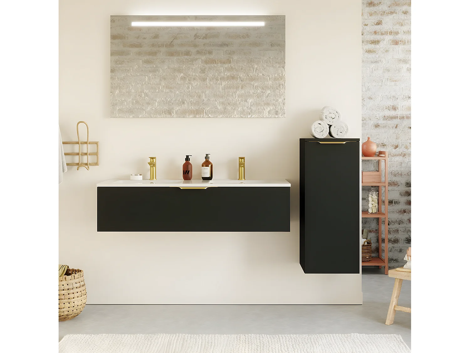 Meuble de salle de bain suspendu double vasque intégrée 120cm 1 tiroir Noir + miroir + colonne ouverture droite - Venice