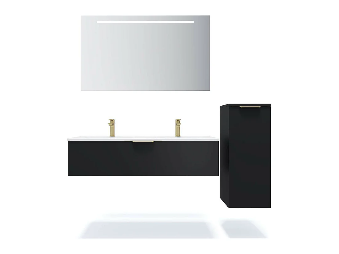 Meuble de salle de bain suspendu double vasque intégrée 120cm 1 tiroir Noir + miroir + colonne ouverture droite - Venice