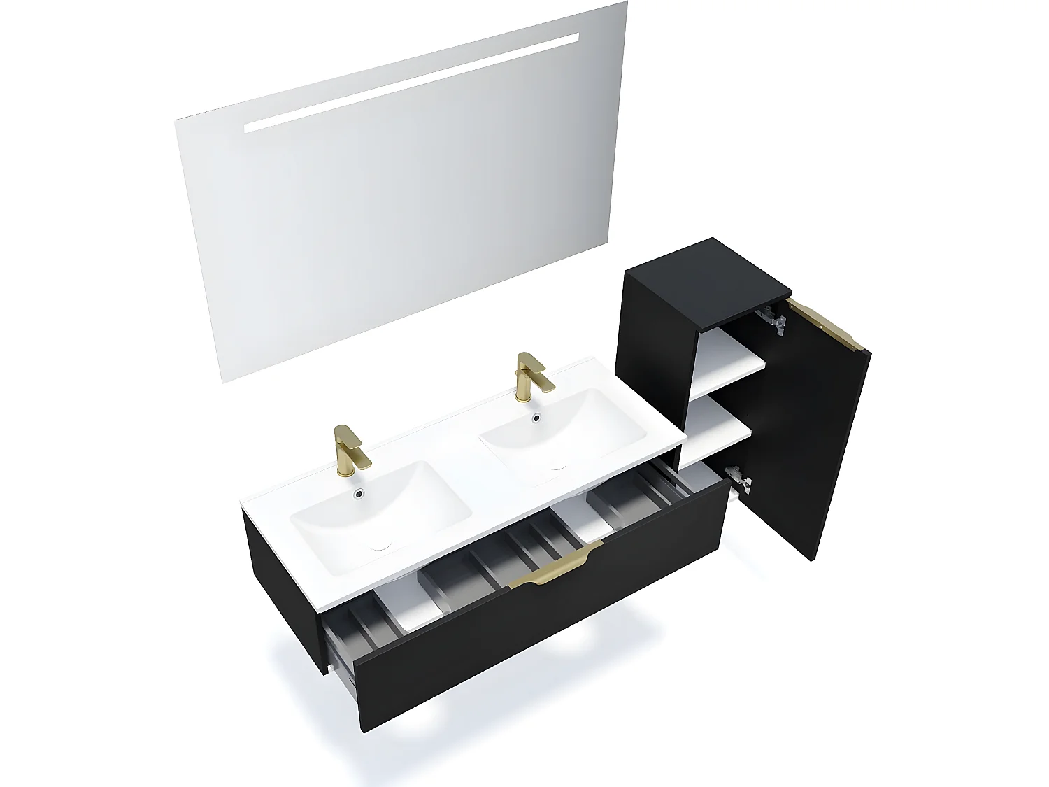 Meuble de salle de bain suspendu double vasque intégrée 120cm 1 tiroir Noir + miroir + colonne ouverture droite - Venice