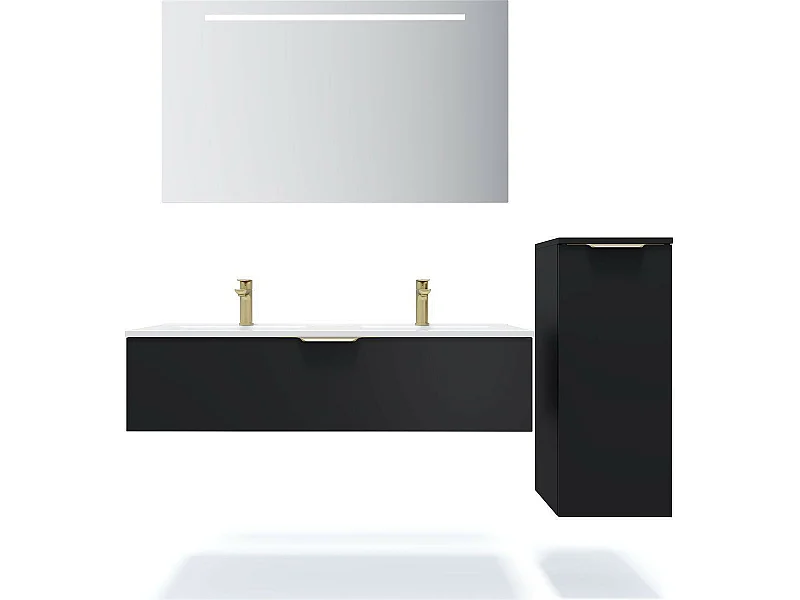 Meuble de salle de bain suspendu double vasque intégrée 120cm 1 tiroir Noir + miroir + colonne ouverture droite - Venice