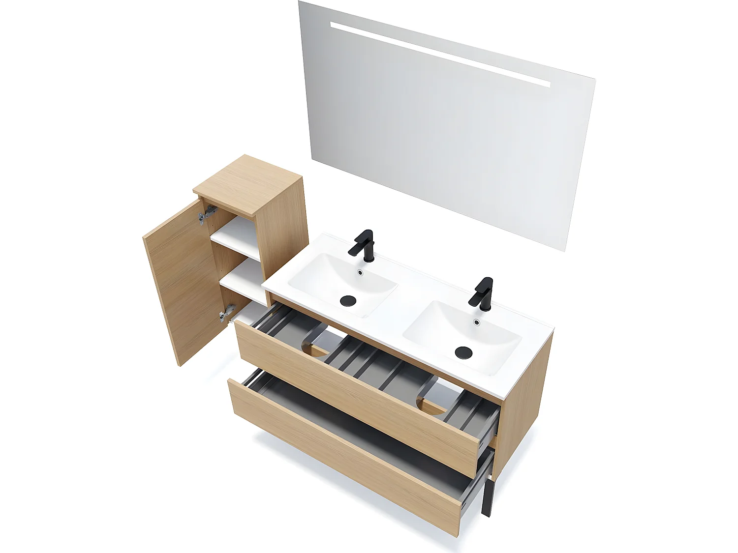 Meuble de salle de bain suspendu double vasque intégrée 120cm 2 tiroirs Chêne clair + miroir + colonne ouverture gauche - Hudson