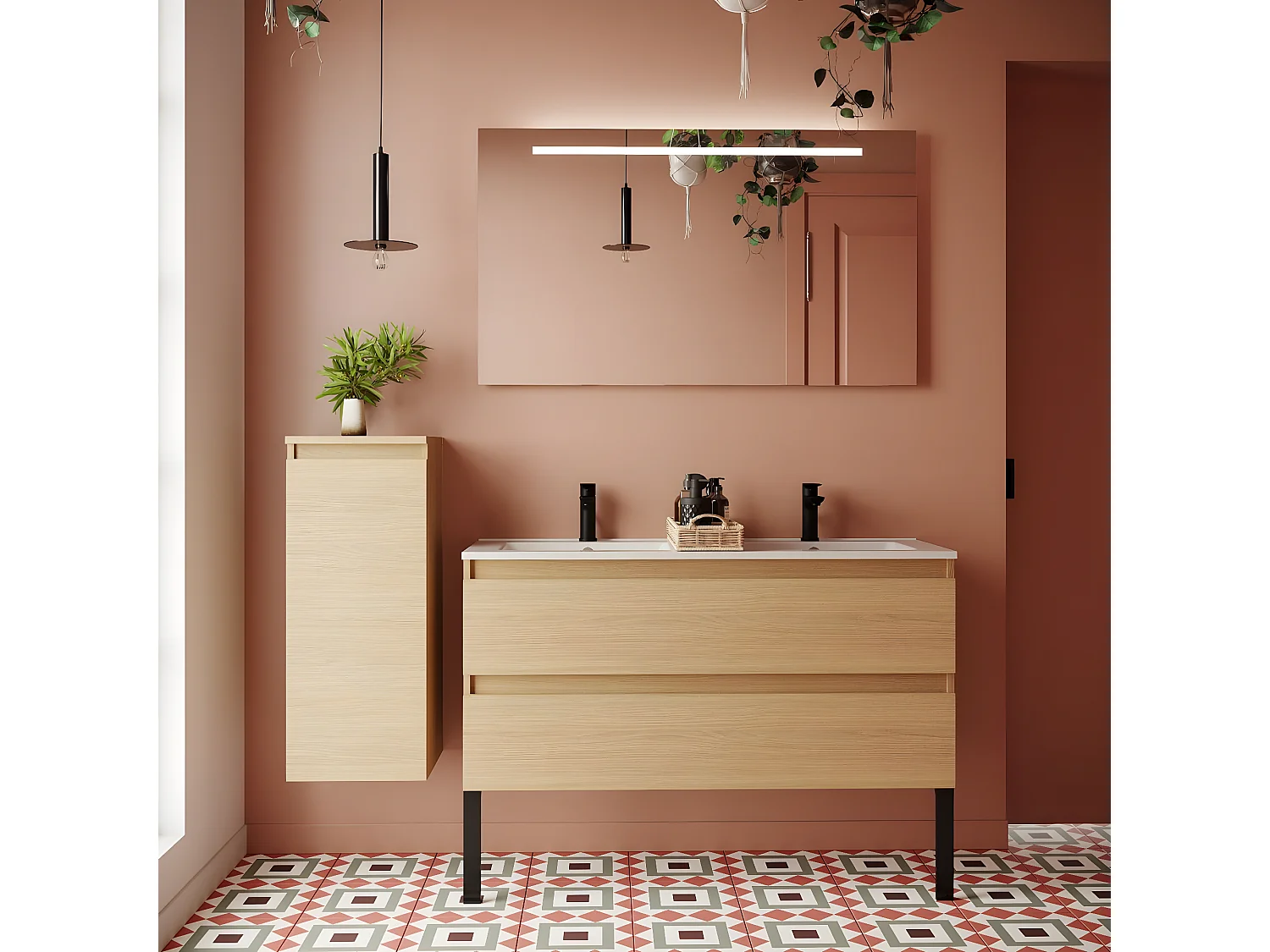 Meuble de salle de bain suspendu double vasque intégrée 120cm 2 tiroirs Chêne clair + miroir + colonne ouverture gauche - Hudson