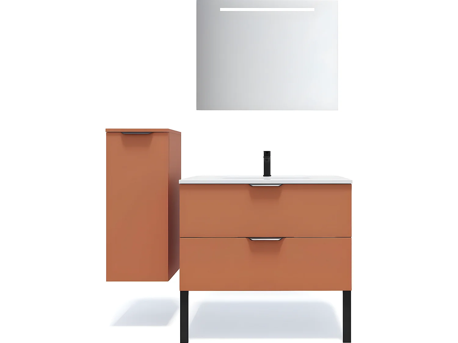 Meuble de salle de bain suspendu vasque intégrée 90cm 2 tiroirs Terracotta + miroir + colonne ouverture gauche - Soho