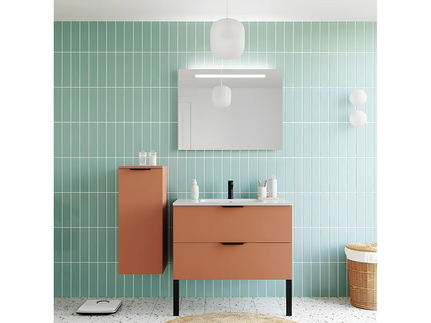 Meuble de salle de bain suspendu vasque intégrée 90cm 2 tiroirs Terracotta + miroir + colonne ouverture gauche - Soho