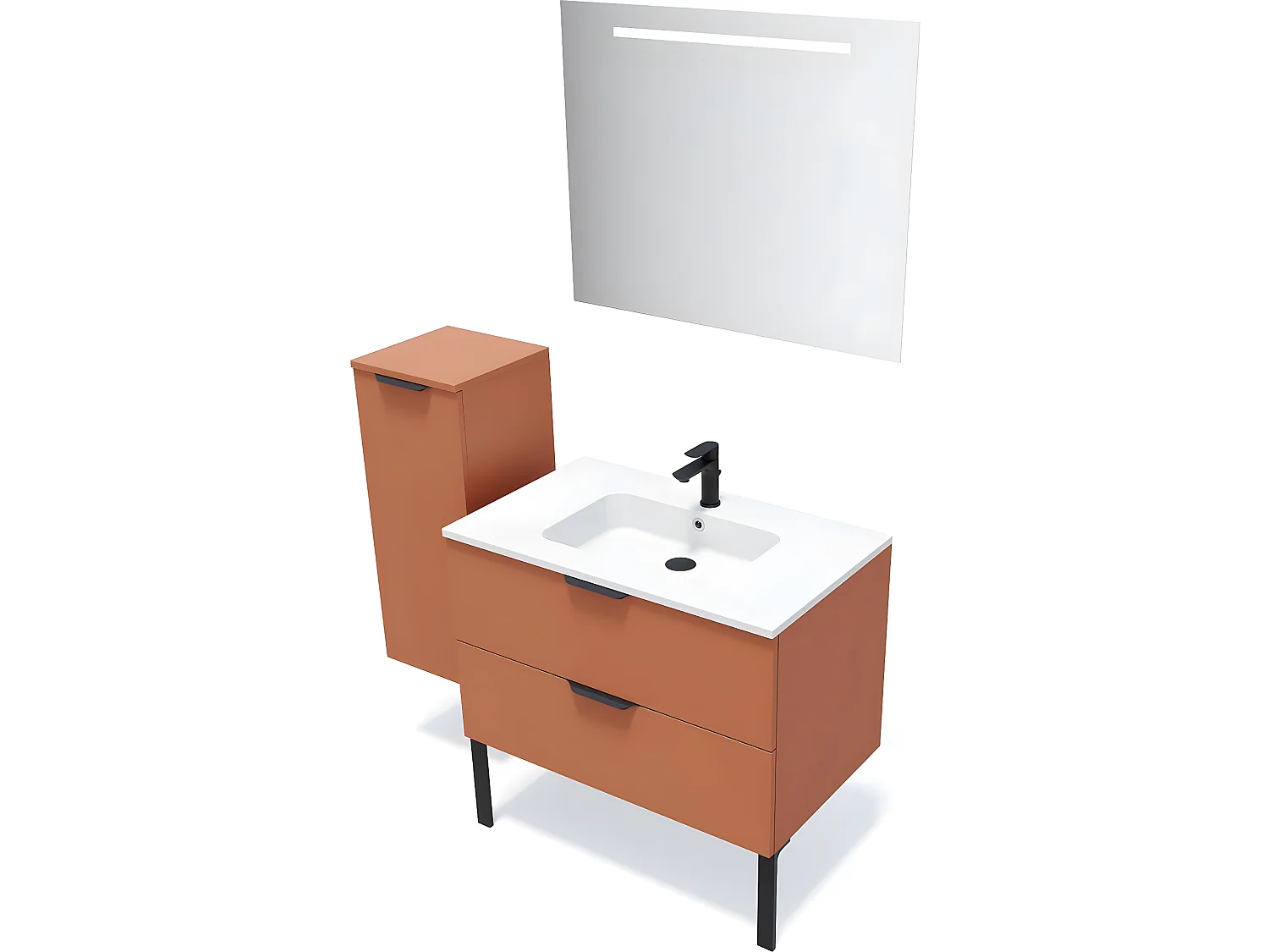 Meuble de salle de bain suspendu vasque intégrée 90cm 2 tiroirs Terracotta + miroir + colonne ouverture gauche - Soho