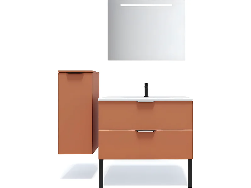 Meuble de salle de bain suspendu vasque intégrée 90cm 2 tiroirs Terracotta + miroir + colonne ouverture gauche - Soho