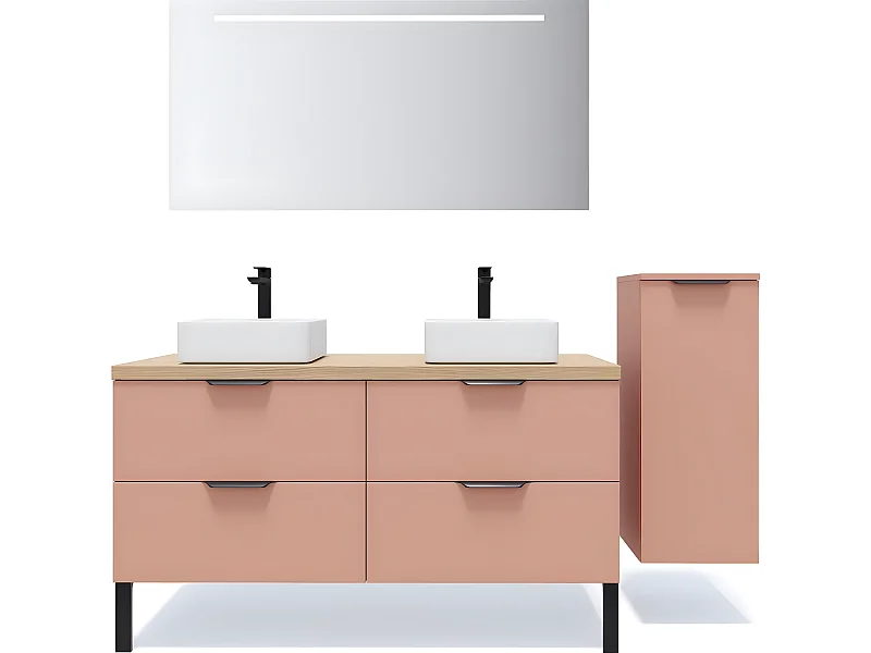 Meuble de salle de bain suspendu 2 vasques à poser 140cm 4 tiroirs Abricot + miroir + colonne ouverture droite - Soho