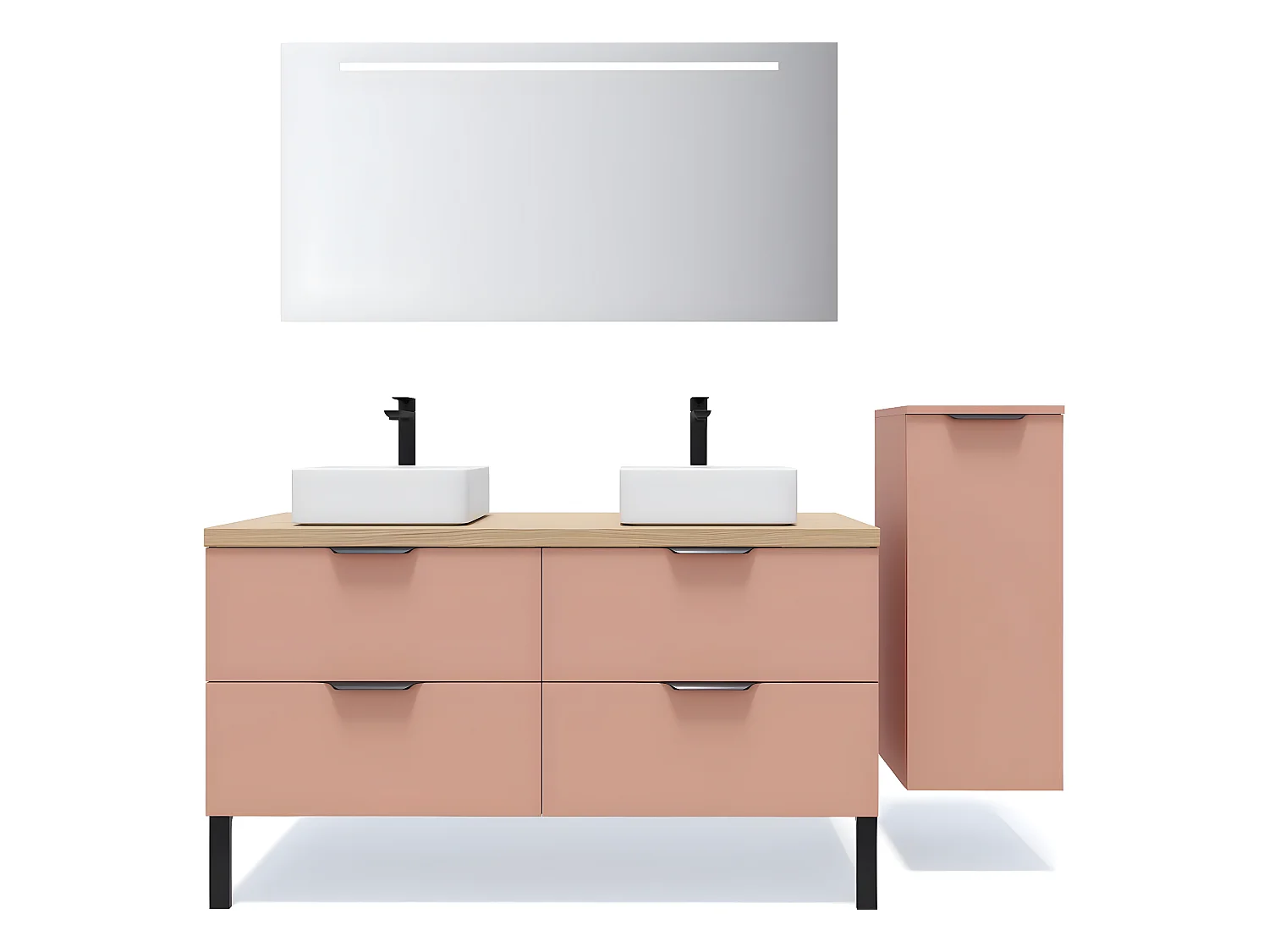 Meuble de salle de bain suspendu 2 vasques à poser 140cm 4 tiroirs Abricot + miroir + colonne ouverture droite - Soho