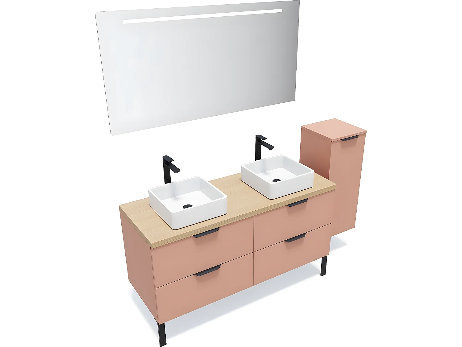 Meuble de salle de bain suspendu 2 vasques à poser 140cm 4 tiroirs Abricot + miroir + colonne ouverture droite - Soho