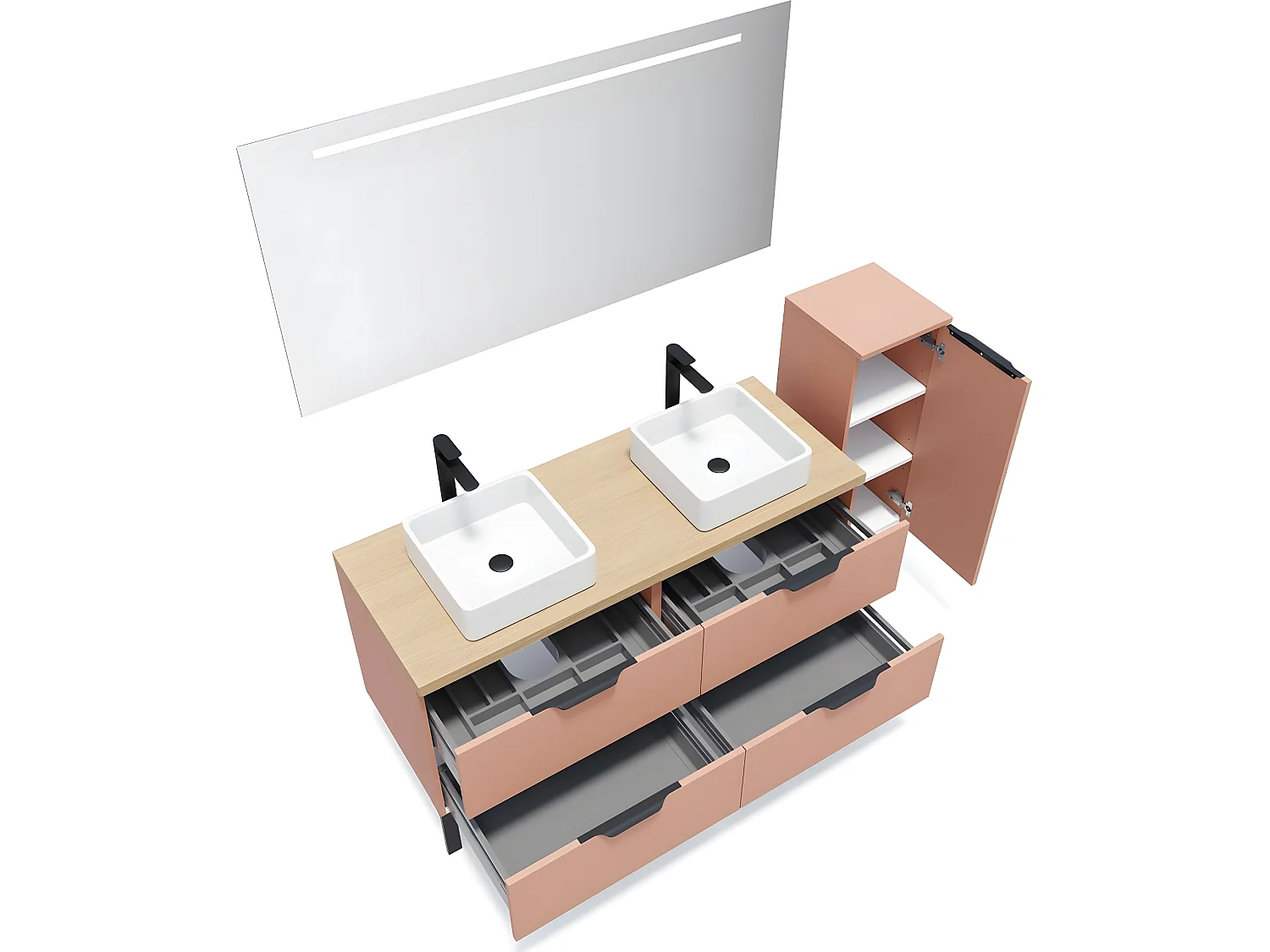 Meuble de salle de bain suspendu 2 vasques à poser 140cm 4 tiroirs Abricot + miroir + colonne ouverture droite - Soho