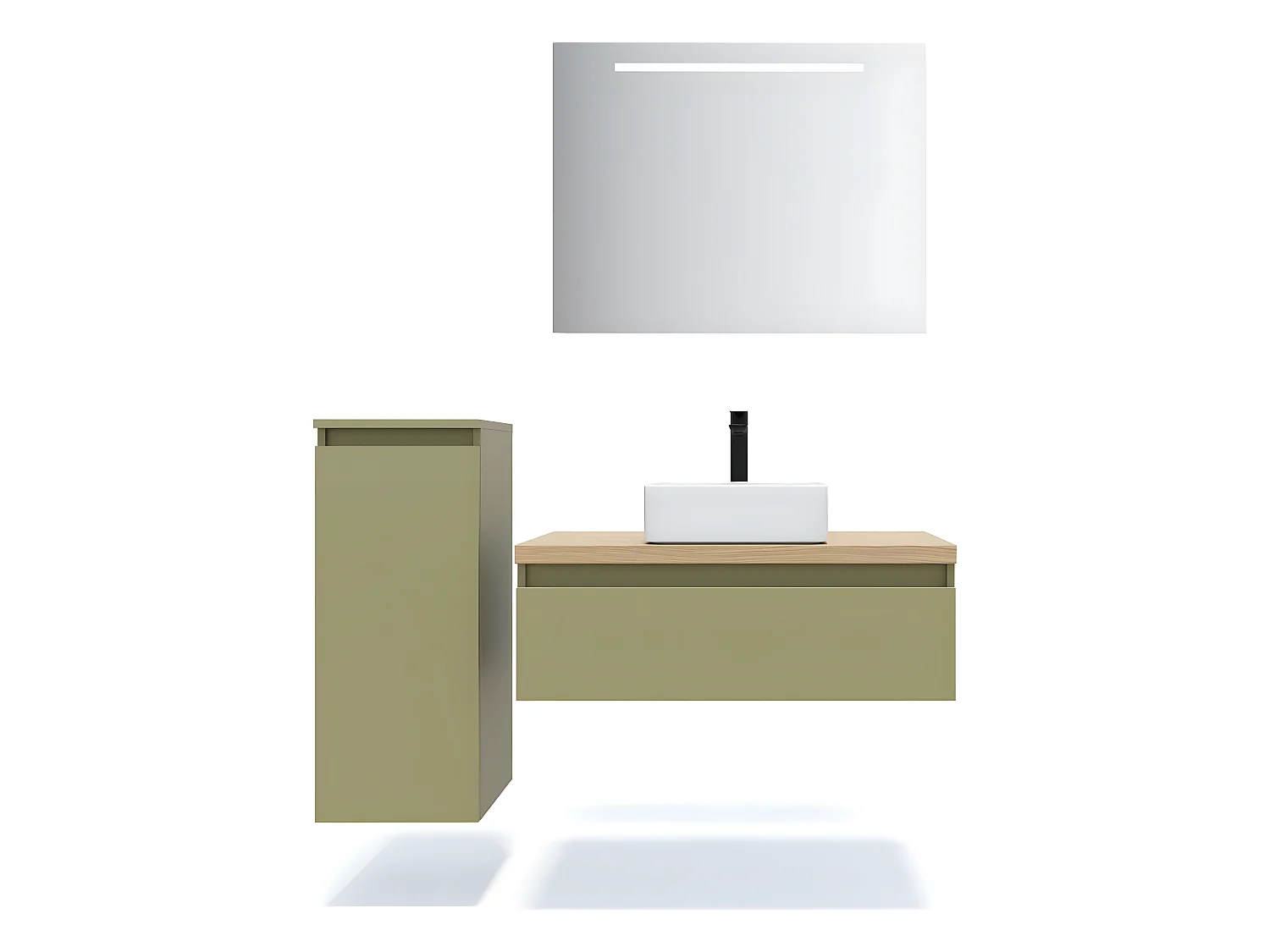 Meuble de salle de bain suspendu vasque à poser 90cm 1 tiroir Vert olive + miroir + colonne ouverture gauche - Hudson
