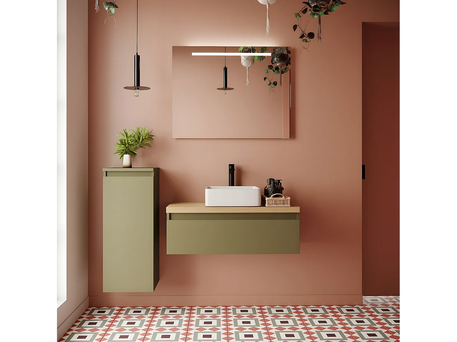 Meuble de salle de bain suspendu vasque à poser 90cm 1 tiroir Vert olive + miroir + colonne ouverture gauche - Hudson