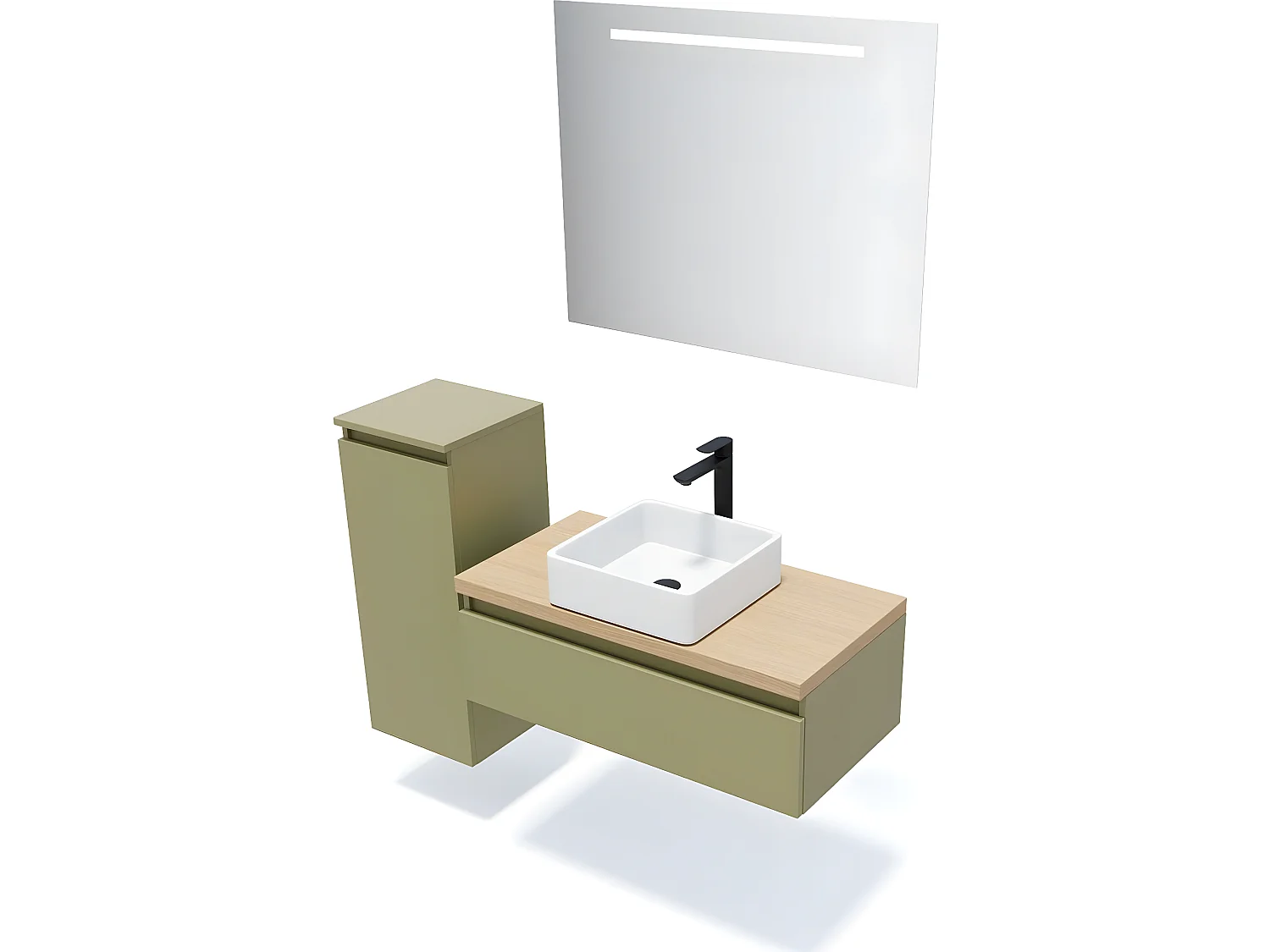 Meuble de salle de bain suspendu vasque à poser 90cm 1 tiroir Vert olive + miroir + colonne ouverture gauche - Hudson