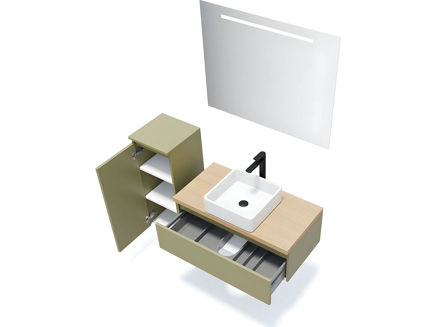 Meuble de salle de bain suspendu vasque à poser 90cm 1 tiroir Vert olive + miroir + colonne ouverture gauche - Hudson