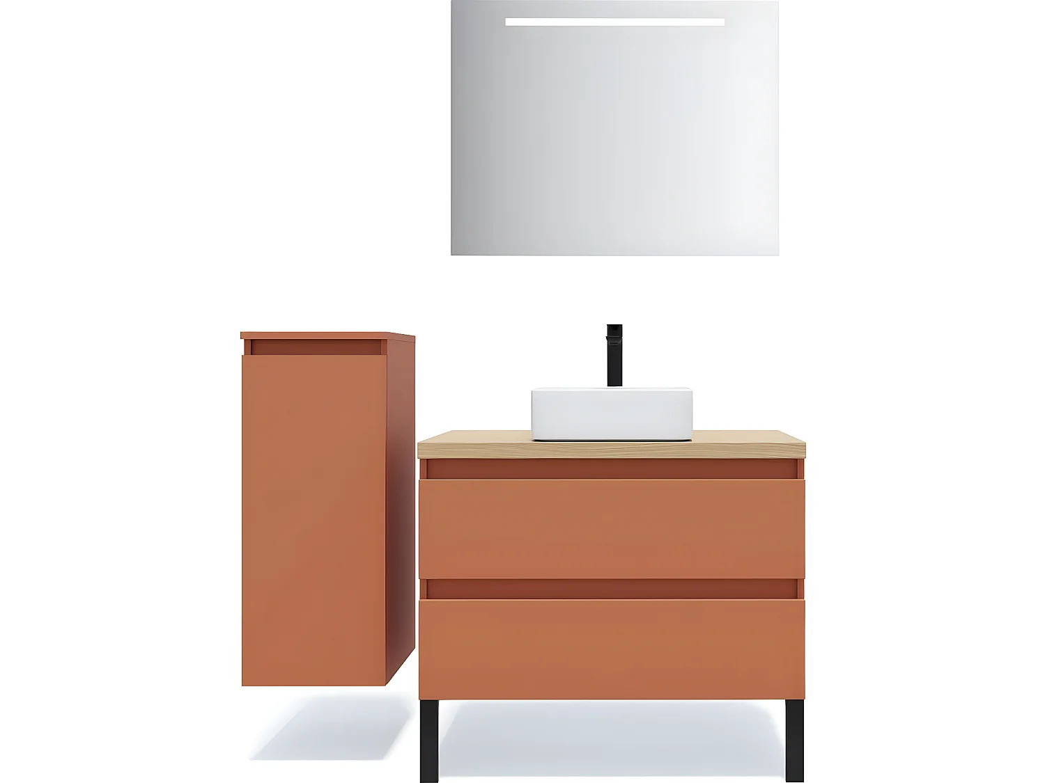 Meuble de salle de bain suspendu vasque à poser 90cm 2 tiroirs Terracotta + miroir + colonne ouverture gauche - Hudson