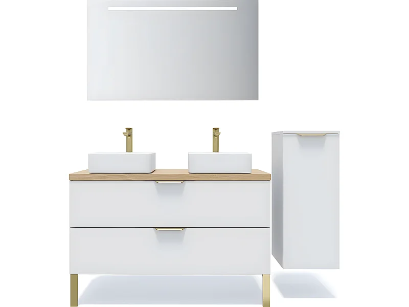 Meuble de salle de bain suspendu 2 vasques à poser 120cm 2 tiroirs Blanc + miroir + colonne ouverture droite - Venice