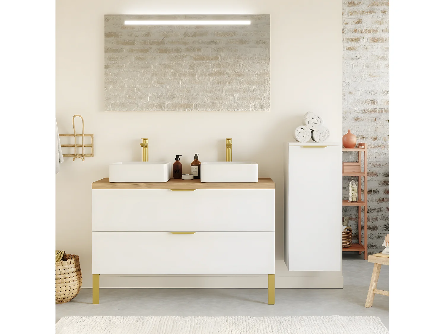 Meuble de salle de bain suspendu 2 vasques à poser 120cm 2 tiroirs Blanc + miroir + colonne ouverture droite - Venice