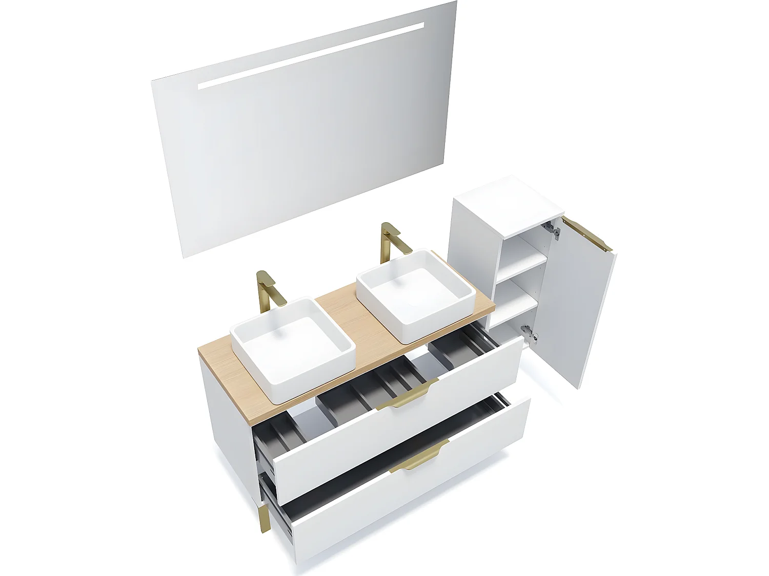 Meuble de salle de bain suspendu 2 vasques à poser 120cm 2 tiroirs Blanc + miroir + colonne ouverture droite - Venice