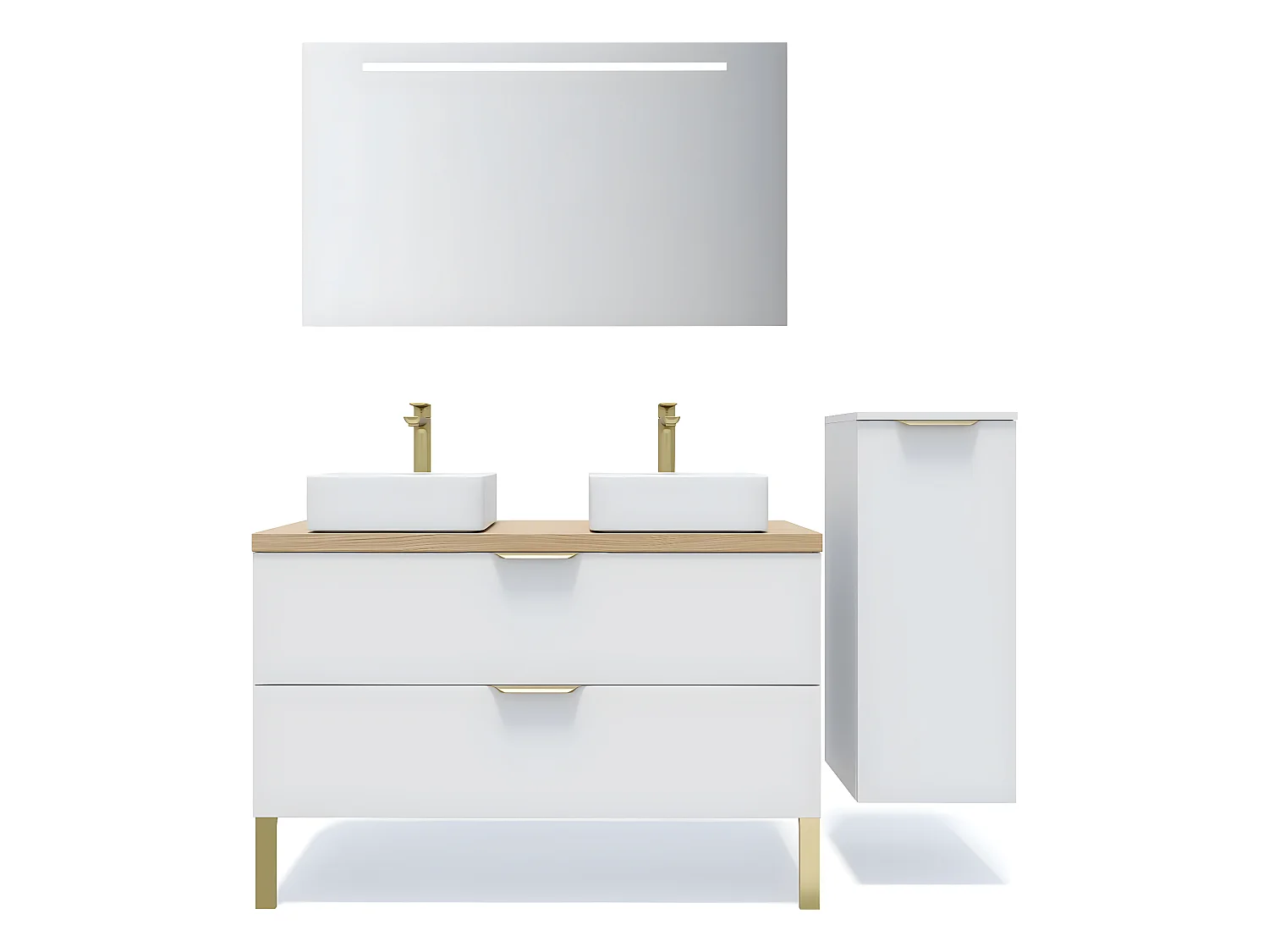 Meuble de salle de bain suspendu 2 vasques à poser 120cm 2 tiroirs Blanc + miroir + colonne ouverture droite - Venice
